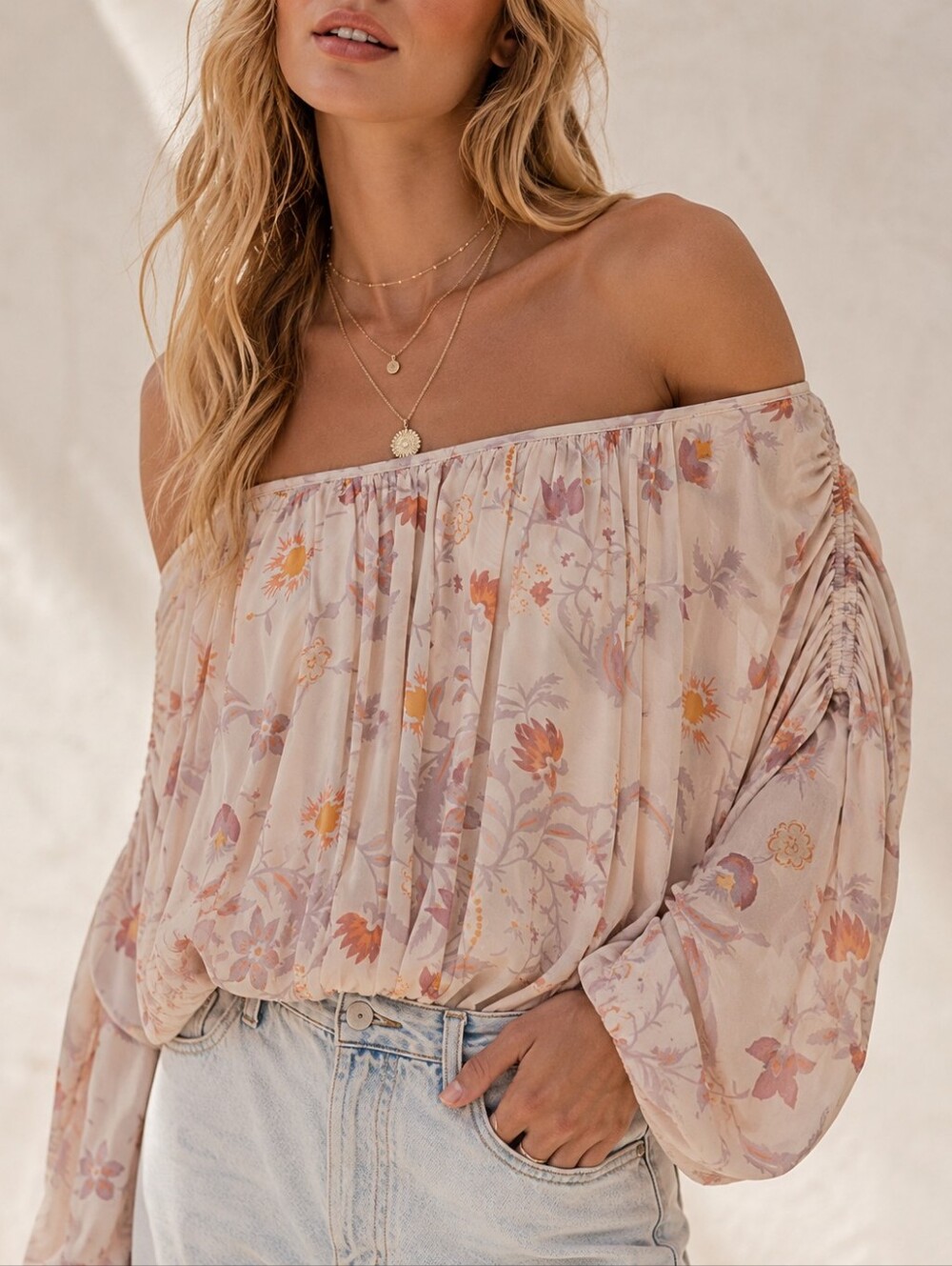 Free People Off Shoulder Floral Boho Top Womens Small Mesh Balloon Sleeve